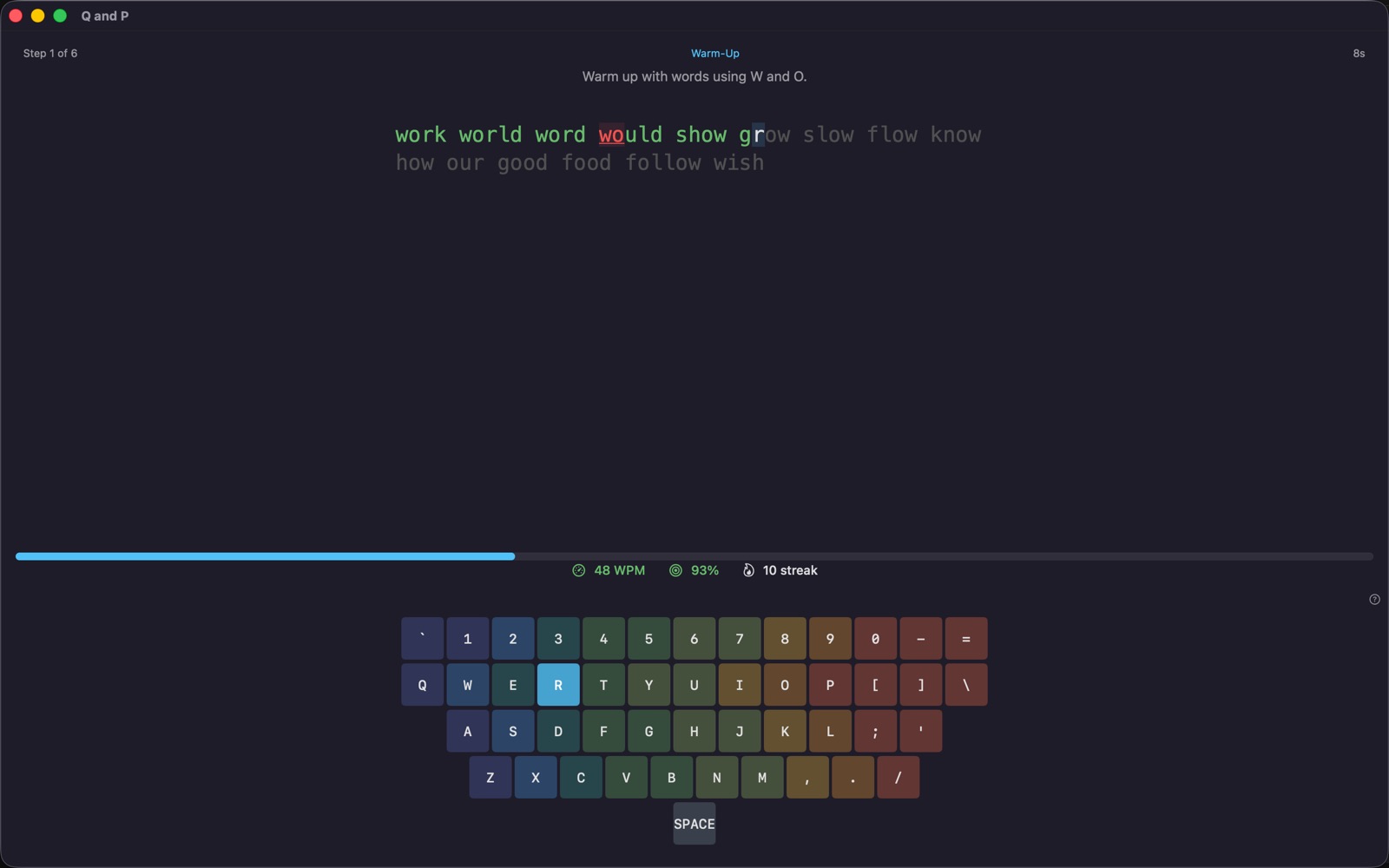 A Type Tutor Pro lesson in progress: typed text shown in green with one corrected mistake, live speed and accuracy, and an on-screen keyboard colour-coded by finger
