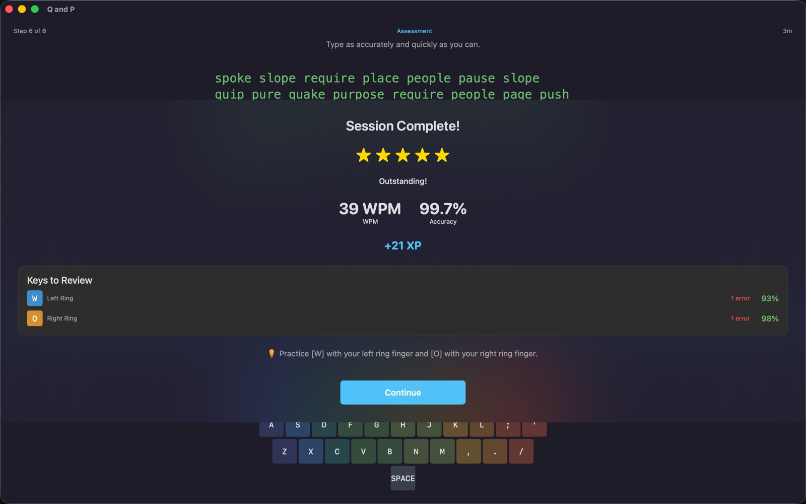 A session results screen with words per minute, accuracy, XP earned, and the keys to review with the finger for each