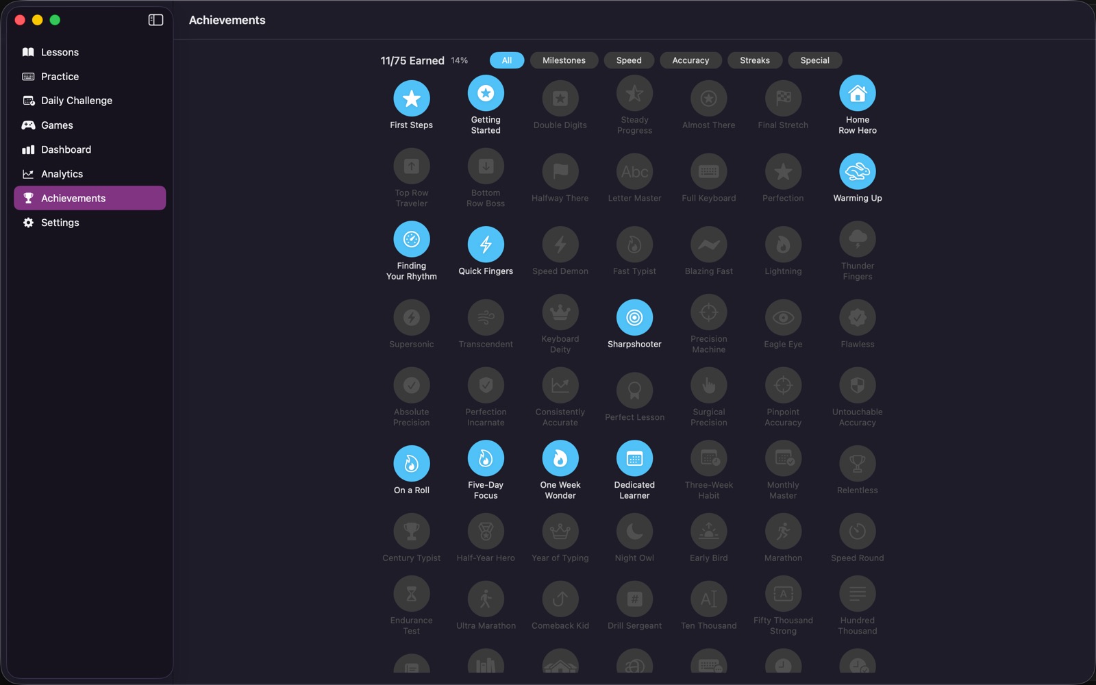 The achievements grid, with earned achievements highlighted and the rest still locked
